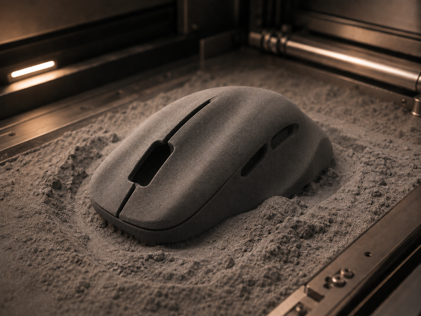 Изготовление корпуса мыши посредством SLS или SLM 3D печати.