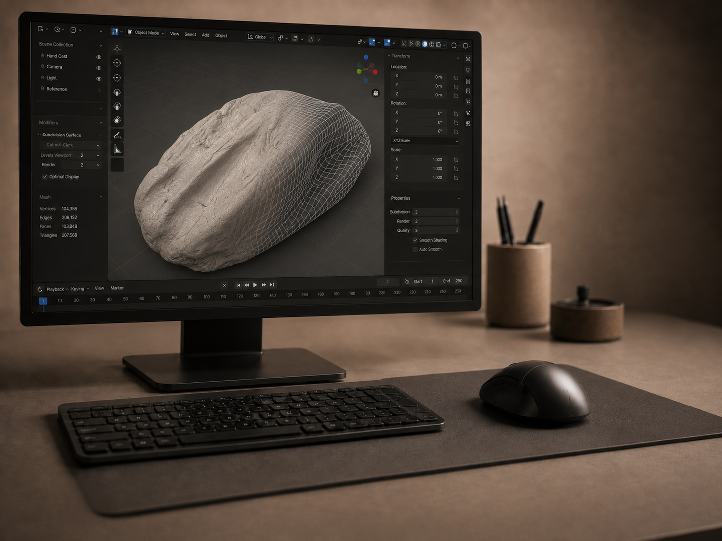 Обработка 3D-скана слепка для установки и подгонки кнопок и электроники будущей мыши.